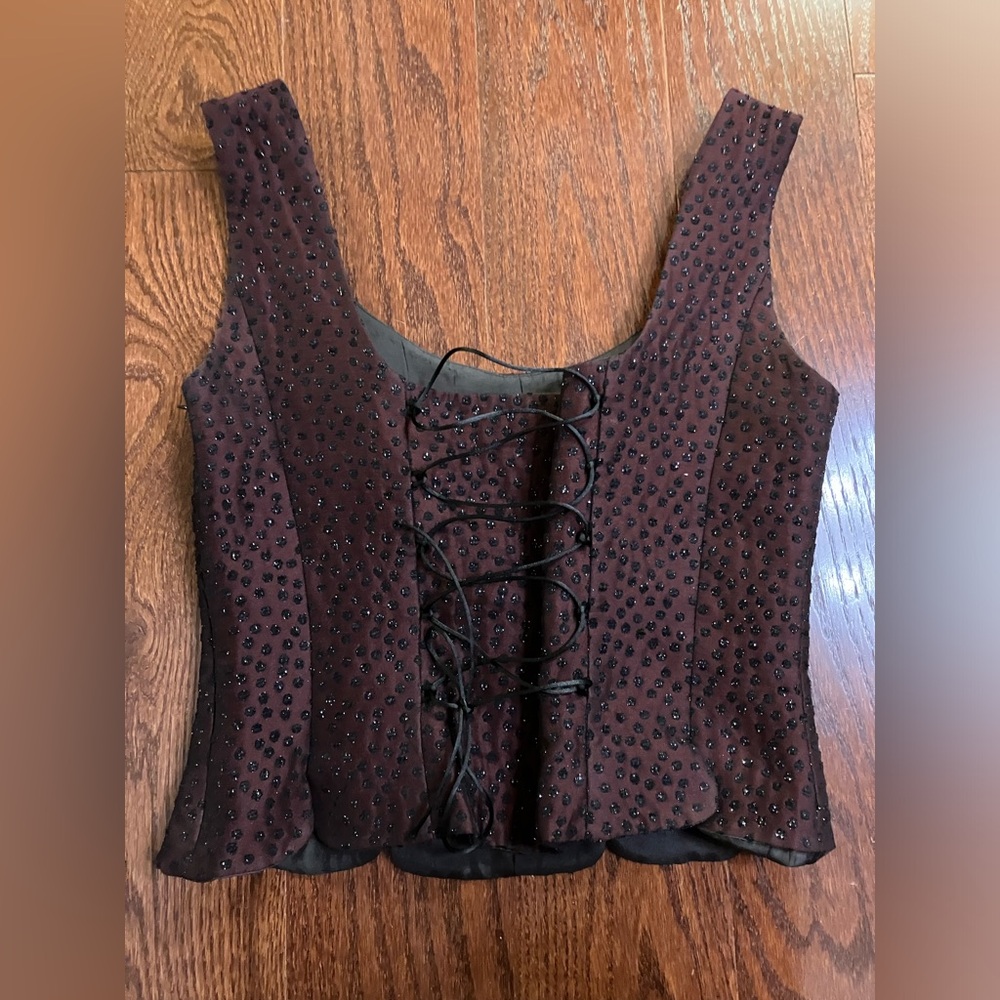 Vintage Christie de LaRue dark burgundy black sparkle cord tie up corset